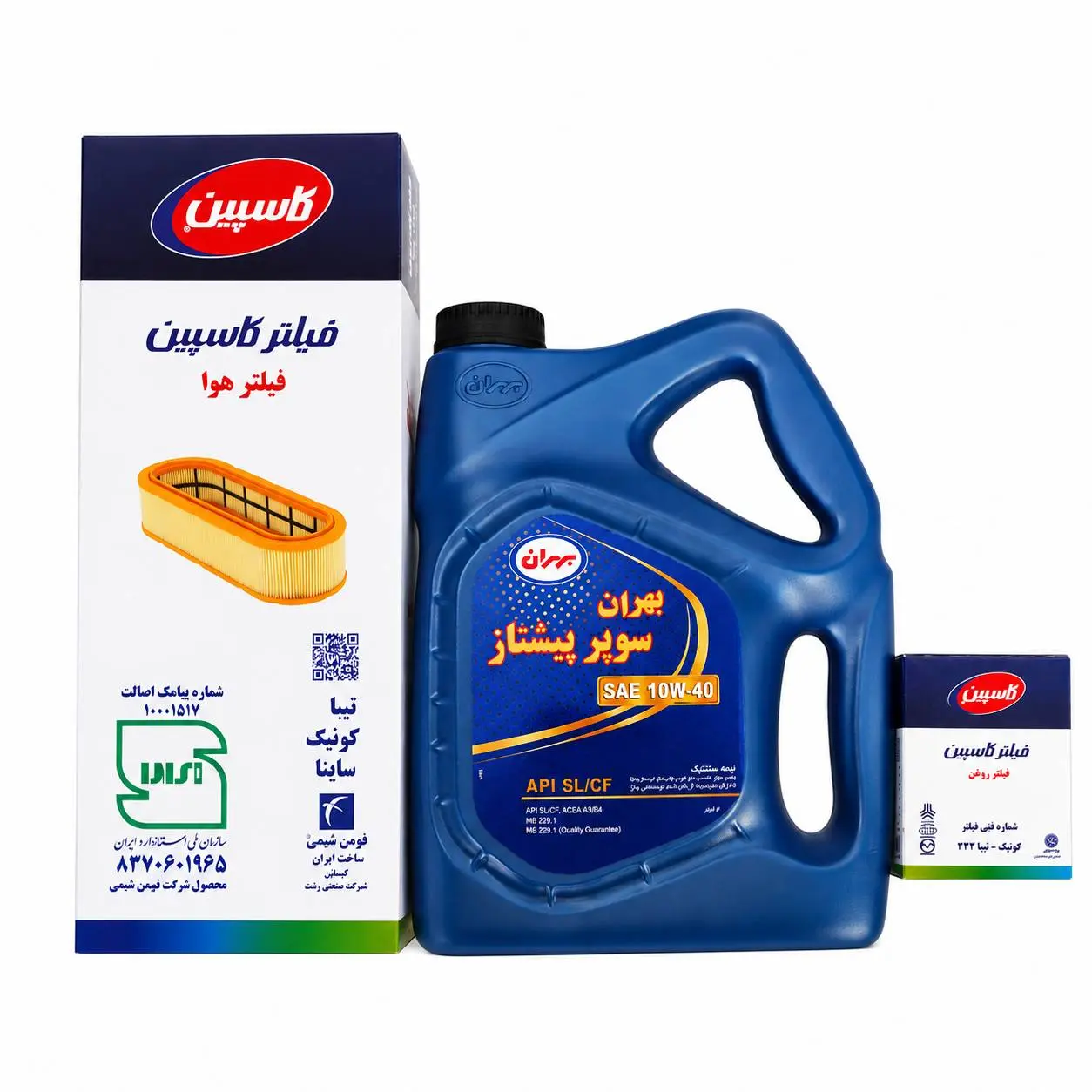 رو غن موتور بهران مدل: سوپر پیشتاز 10W-40 SL به همراه فیلتر روغن و فیلتر هوا مناسب برای خودروی تیبا، ساینا و کوئیک بسته سه عددی