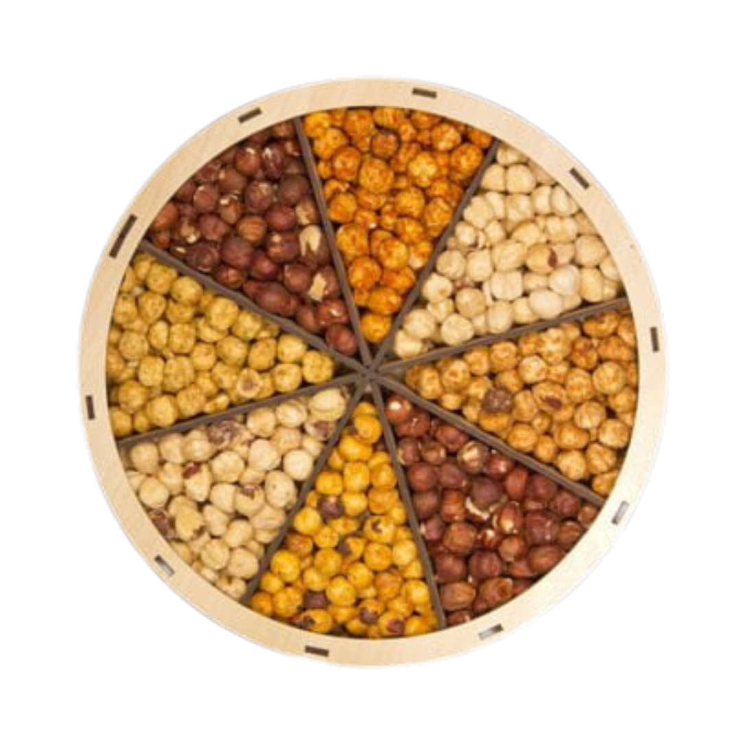 سینی آجیل "مغز فندق خام (180گرم) مغز فندق شور (180گرم) مغز فندق پیازجعفری (90گرم) مغز فندق چیلی (90گرم) مغز فندق باربیکیو (90گرم)  مغز فندق اسموکی (90گرم)  مغز فندق 1۵-1۳ (درشت)" 3 700 گرم 7 مزبار