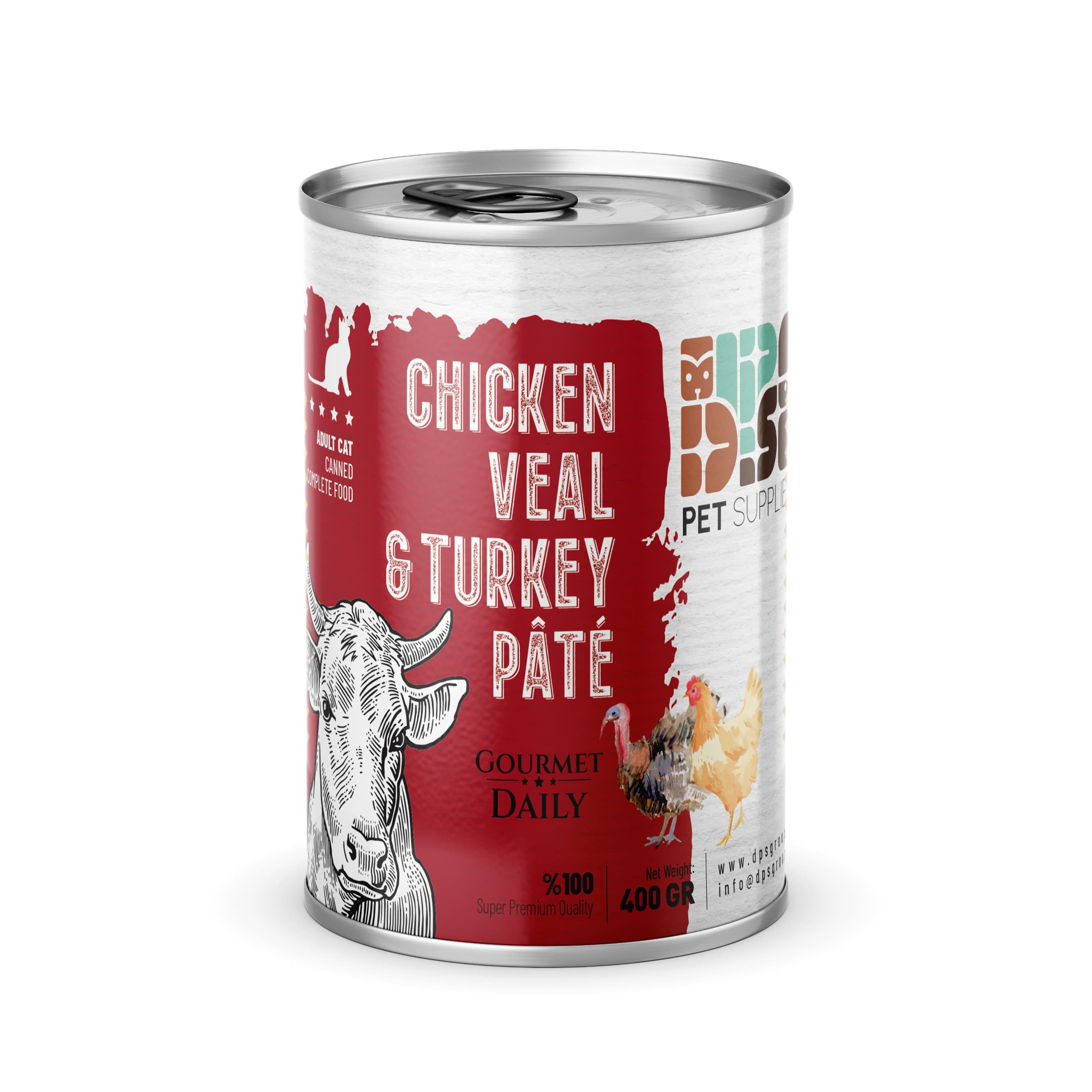 کنسرو پته گوشت گوساله، بوقلمون و مرغ گربه بالغ برند dps