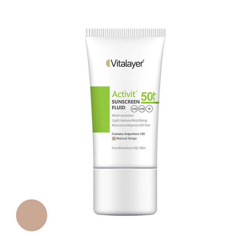 فلوئید ضدآفتاب رنگی ویتالیر، با SPF50، مدل Activit، فاقد چربی، مناسب پوست‌های چرب، حجم 50 میلی‌لیتر