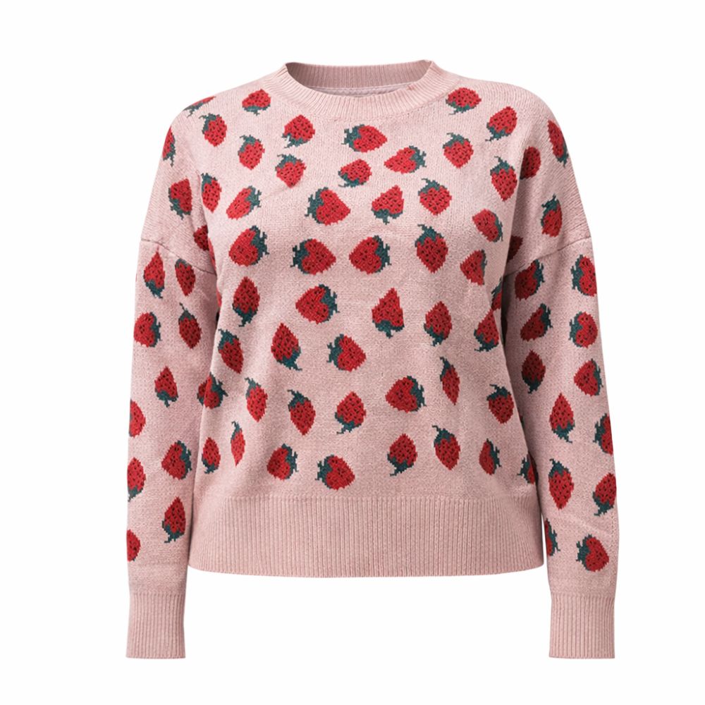 بلوز آستین بلند زنانه اصل مدل بلوز آستین بلند بافت وارداتی طرح توت فرنگی تکرار شونده کالباسی