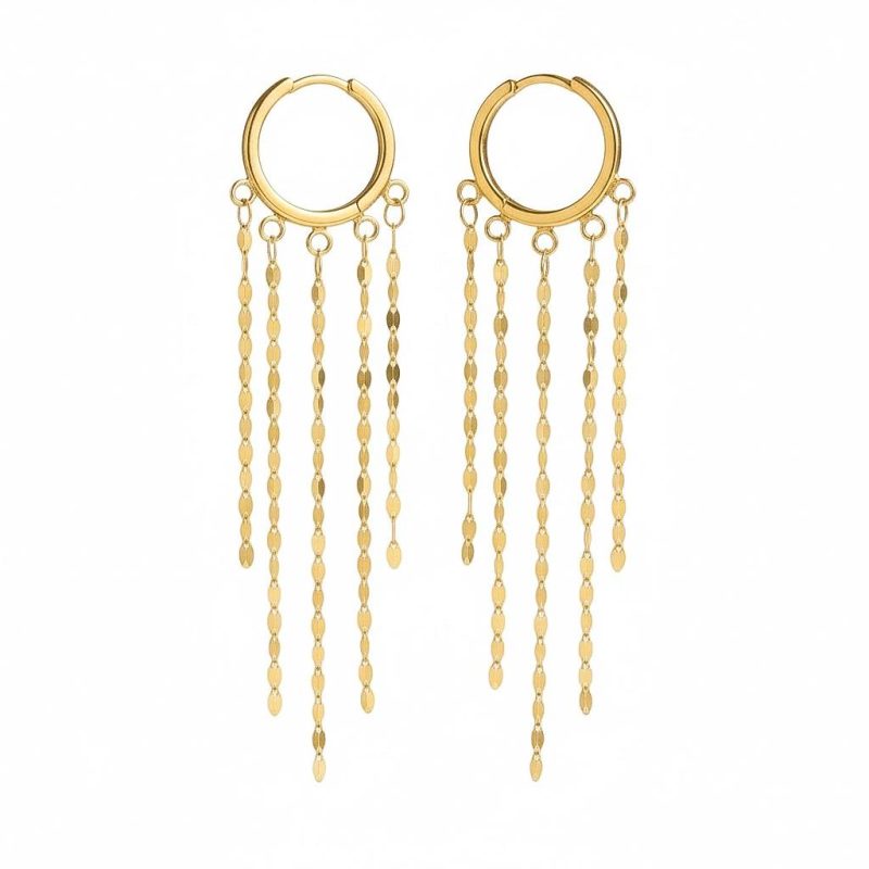 گوشواره طلا 18 عیار زنانه حلقه ای طرح پولکی آبشاری وزن 0.58 گرم طول 4 سانتی متر کد 576