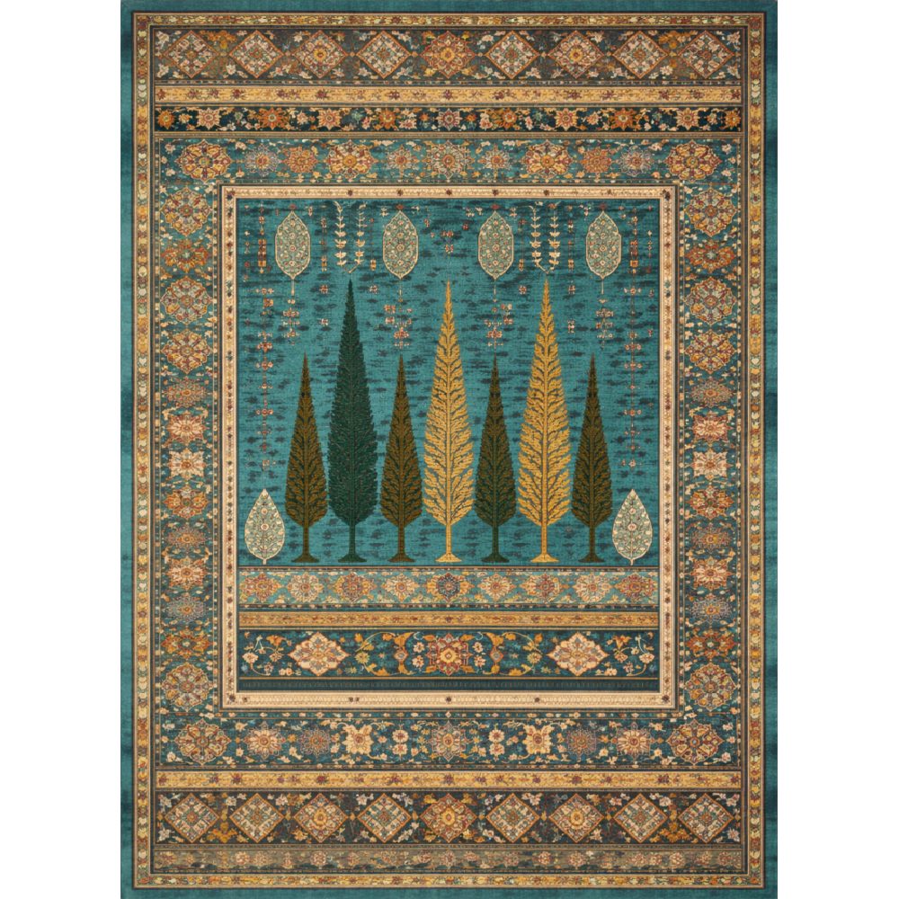 فرش ماشینی مدرن(در9رنگ) هانوکس طرح درخت کد L288 با ریشه زرد خردلی 300*200 سانتی‌متر